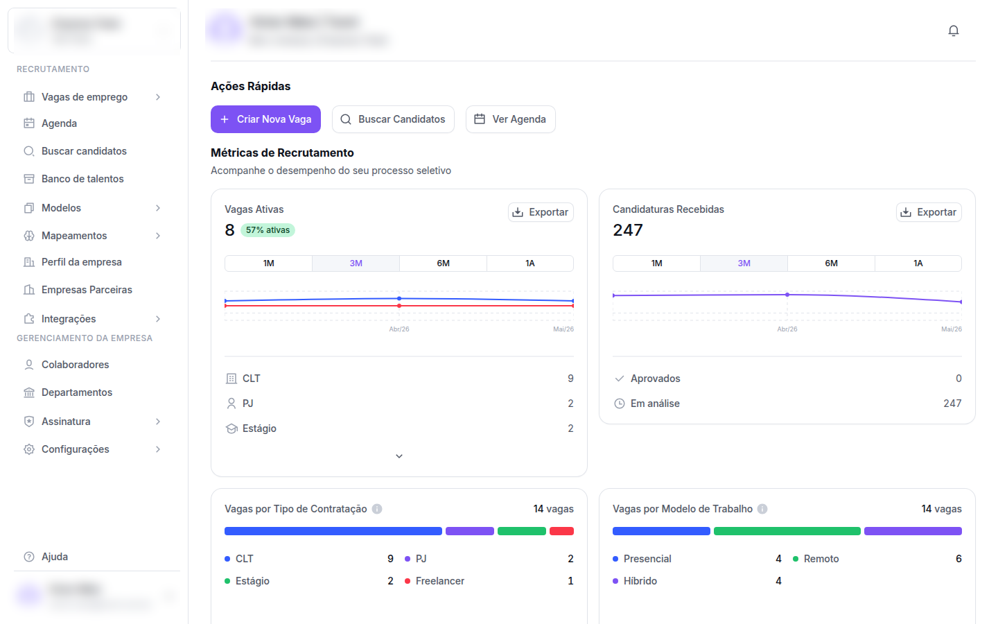 Dashboard inicial do Tunni ATS