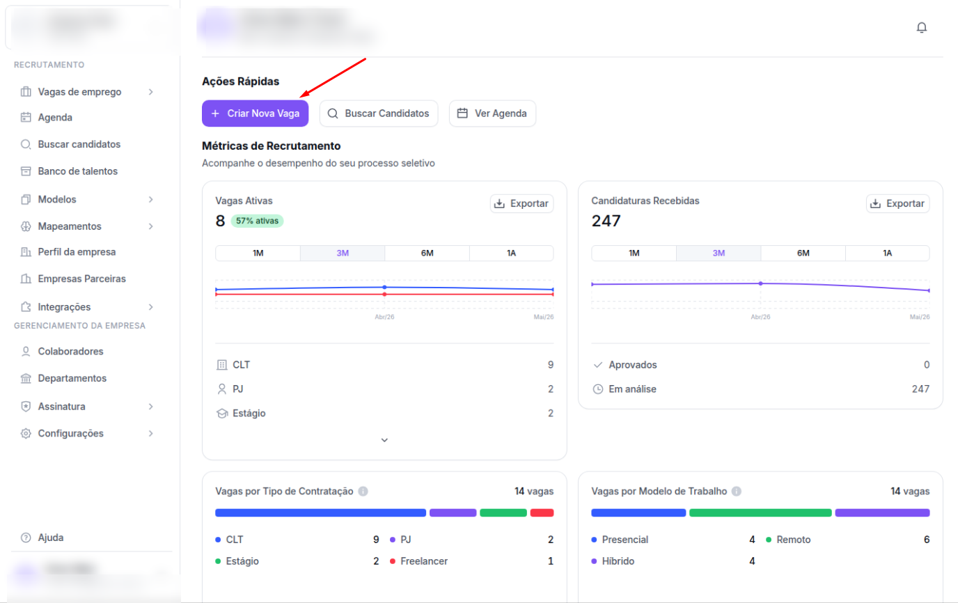 Dashboard com seta vermelha apontando para o botão Criar Nova Vaga