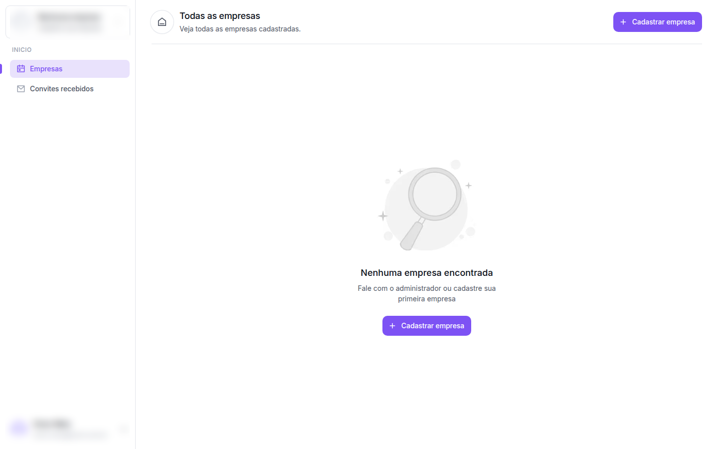 Tela vazia com botões + Cadastrar empresa em destaque