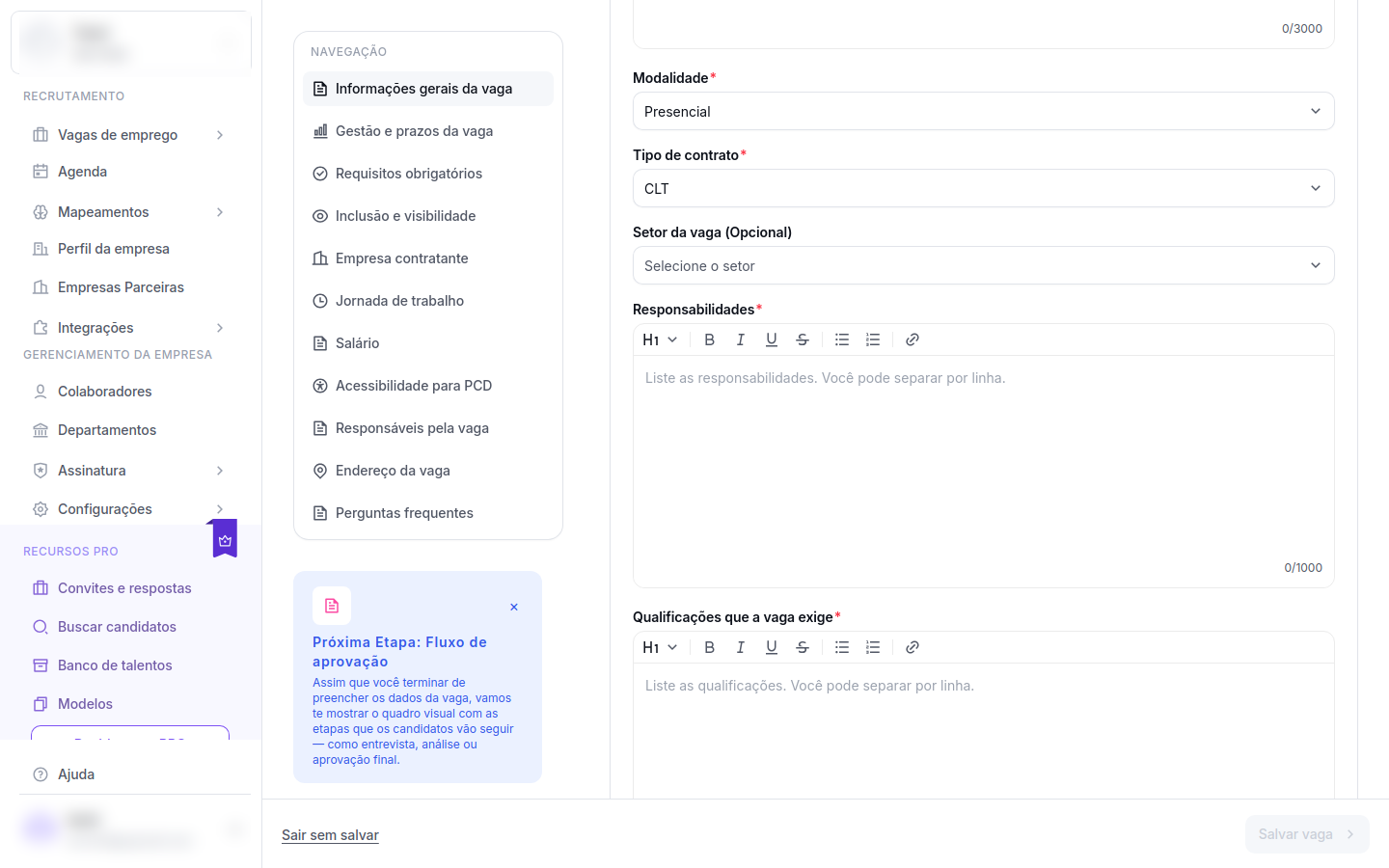 Informações gerais da vaga